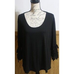 Wishful Pullover Blouse Round Neck 3/4 Crochet Sleeve Black Size Plus Sz 2X